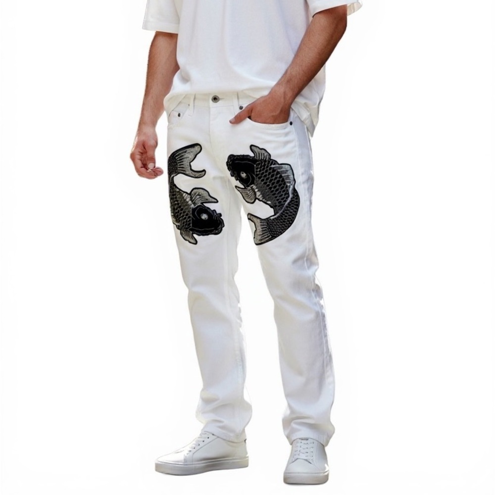 32/32 Koi‎ Fish Embroidered White Jeans - Picture 2 of 14
